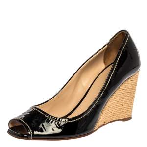 Pre Owned Prada Black Patent Open Toe Espadrille Wedge Pumps Size 38.5