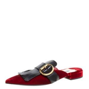 Prada Red/Black Velvet And Leather Fringe Buckle Embellished Pointed Toe Flat Mules Size 38.5
