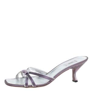 Pre Owned Prada Purple/Silver Leather Scallop Detail Bow Lucite Heel Slide Sandals Size 39