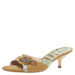 Pre Owned Prada Brown Jute Canvas And Blue Snakeskin Crystal Embellished Slide Sandals Size 39