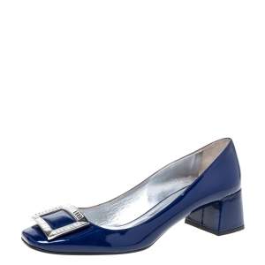 Pre Owned Prada Blue Patent Leather Crystal Buckle Block Heel Pumps Size 40