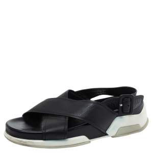 Pre Owned Prada Black Leather Crossover Flats Size 37.5