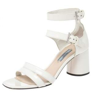 Pre Owned Prada White Patent Leather Ankle Strap Sandals Size 36