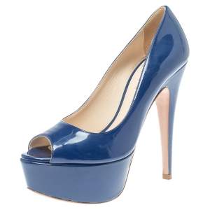 Pre Owned حذاء كعب عالي برادا مقدمة مفتوحة جلد لامع أزرق مقاس 36.5