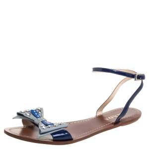 Pre Owned Prada Blue/Grey Leather Crystal Embellished Ankle Strap Bow Flats Size 38