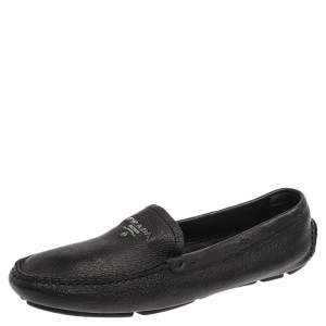 Pre Owned Prada Black Grained Leather Slip On Loafers Size 39