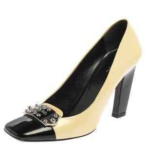 Pre Owned Prada Yellow/Black Patent Leather Logo Silver Plaque Square Toe Pumps Size 39.5