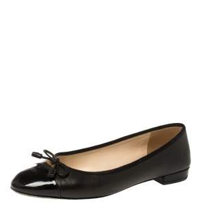 Pre Owned Prada Black Leather And Patent Leather Cap Toe Bow Ballet Flats Size 37
