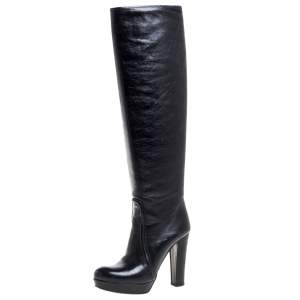 Prada Black Leather Knee Length Boots Size 37.5