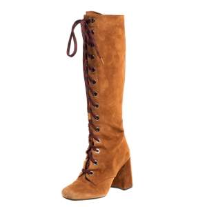 Prada Brown Suede Leather Lace Up Knee Block Heel Boots Size 37