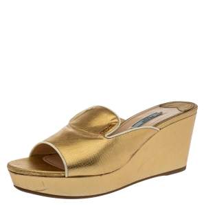 Prada Metallic Gold Saffiano Leather Wedge Platform Slide Sandals Size 41.5