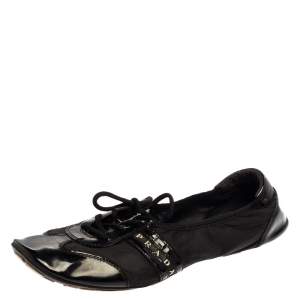 Pre Owned Prada Black Nylon and Leather Lace Up Flats Size 40