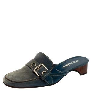 Prada Blue Denim Buckle Mule Sandals Size 38.5