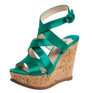 Prada Emerald Green Satin Criss Cross Cork Wedge Sandals Size 39