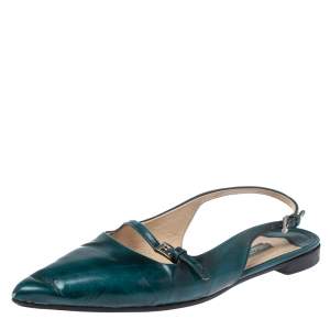 Prada Green Patent Leather Cut Out Buckle Slingback Flat Sandals Size 37.5