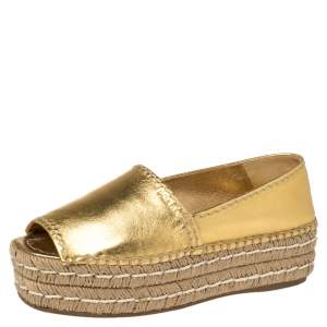 Pre Owned Prada Metallic Gold Leather Peep Toe Platform Espadrilles Size 37.5