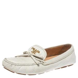 Pre Owned Prada White Leather Bow Loafers Size 37.5