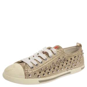Prada Metallic Silver Glitter Stud Low Top Sneakers Size 35