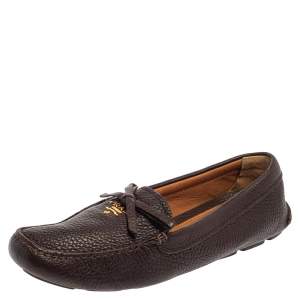Prada Brown Leather Bow Loafers Size 38