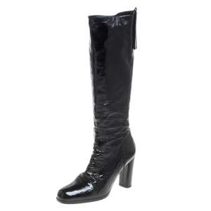 Pre Owned Prada Black Patent Leather Knee Length Boots Size 41