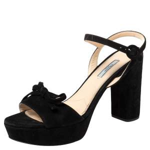 Pre Owned Prada Black Suede Bow Ankle Strap Platform Sandals Size 41