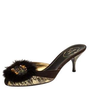 Pre Owned Prada Tricolor Lizard And Suede Embellished Slide Sandals Size 37