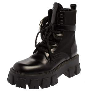 Pre Owned Prada Black Leather and Nylon Monolith Ankle Boots 37.5