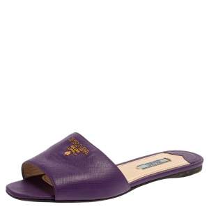 Pre Owned  Prada Purple Saffiano Leather Logo Embellished Flat Slides Size 38.5