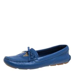 Pre Owned Prada Blue Leather Bow Slip On Loafers Size 37.5
