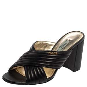 مملوكة مسبقًا Prada Black Leather Criss Cross Block Heel Slide Sandals Size 37