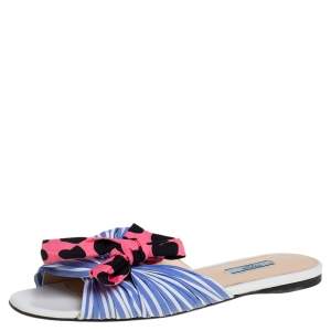 Pre Owned Prada Blue/Pink Fabric Polka Dot Bow Detail Slide Sandals Size 41
