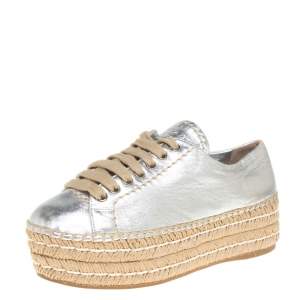 Pre Owned Prada Metallic Silver Leather Platform Espadrille Sneakers Size 35