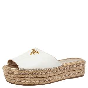 مملوكة مسبقًا Prada White Leather Platform Espadrille Slide Sandals Size 38