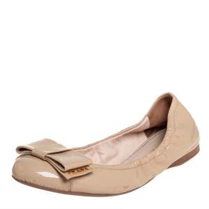 Pre Owned Prada Beige Patent Leather Bow Ballet Flats Size 37.5