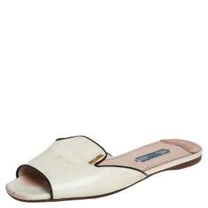 Pre Owned Prada Cream And Black Patent Leather Logo Embellished Flat Slides Size 37