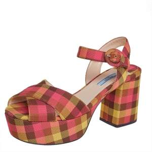 Pre Owned Prada Multicolor Check Jacquard Criss Cross Platform Ankle Strap Sandals Size 40