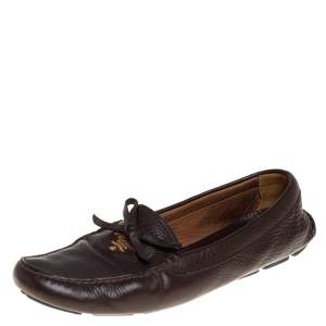 Pre Owned Prada Brown Leather Bow Loafers Size 40