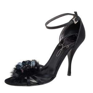 Prada Black Satin And Fur Crystal Embellished Flower Ankle Strap Sandals Size 37