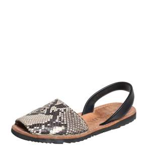 Prada Brown /Beige Python Embossed Leather Slingback Flat Sandals Size 38.5