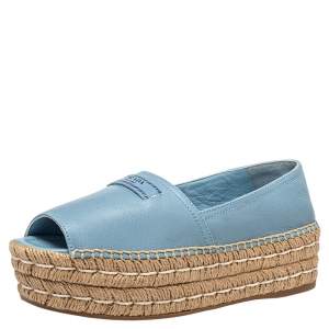 Pre Owned Prada Blue Leather Peep Toe Platform Espadrilles Size 36.5