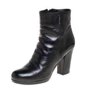 Pre Owned Prada Black Leather Block Heel Ankle Boots Size 38