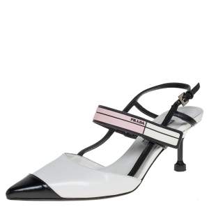 Prada White/Black Leather Cap Toe Slingback Sandals Size 36