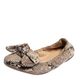 Prada Python Embossed Leather Scrunch Bow Ballet Flats Size 37.5