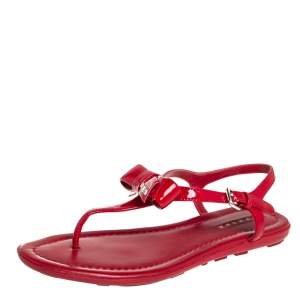 Pre Owned Prada Red Patent Leather Bow Sandals Size 36.5