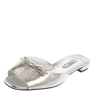 Prada Silver Leather Bow Flat Sandals Size 39