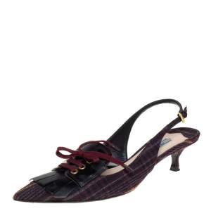 Pre Owned Prada Multicolor Canvas and Leather Fringe and Lace Detail Slingback Sandals Size 40.5