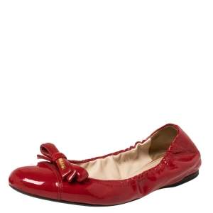 Pre Owned Prada Red Patent Leather Bow Scrunch Ballet Flats Size 38