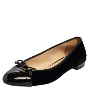 مملوكة مسبقًا Prada Black Velvet And Patent Leather Cap Toe Ballet Flats Size 38.5