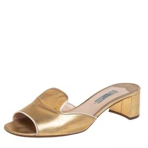 Pre Owned Prada Gold Saffiano Leather Block Heel Slide Sandals Size 38.5