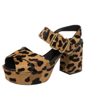 مملوكة مسبقًا Prada Brown/Beige Leopard Print Calf Hair Criss Cross Platform Ankle Strap Sandals Size 39.5